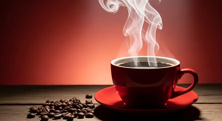 Steaming hot coffee in a red mug with roasted beans