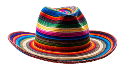 Colorful, striped, fedora-style hat with wide brim, isolated on a transparent background