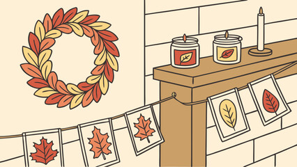 Illustration of a fall themed room with a leaf wreath, candles, and a leaf garland on a brick wall