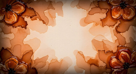 Thanksgiving sepia floral border—coffee-toned watercolor blooms framing generous copy space on textured paper; rustic invitation background.