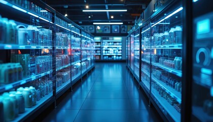 Futuristic retail store aisle with blue glowing lights. Shelves show products with digital data overlays. Modern shopping environment advanced tech, innovation in smart market. Digital shop reflects