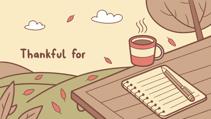 Illustration of a mug, notebook, and pencil on a table with autumn leaves and clouds in the background