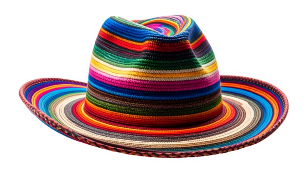 Colorful, striped, fedora-style hat with wide brim, isolated on a transparent background