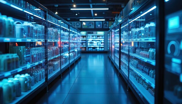 Futuristic retail store aisle with blue glowing lights. Shelves show products with digital data overlays. Modern shopping environment advanced tech, innovation in smart market. Digital shop reflects