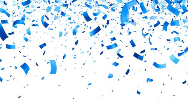 Falling blue confetti against a white background, jagged black edge at bottom