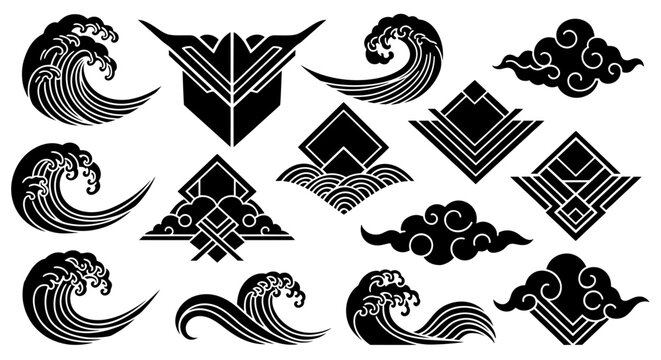 A vector collection blending traditional Japanese waves and clouds with modern geometric emblems. Perfect for creating unique logos, tattoos, or Asian designs.