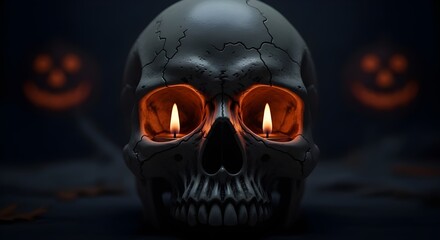 The Burning Eyes of Darkness: A Skull Illuminated by Candlelight on a Haunted Halloween Night