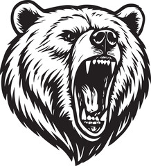 "Roaring Bear Head Illustration – Fierce Black and White Animal Mascot Design"