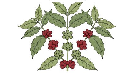 Symmetrical Green Leaves with Red and Green Berries Pattern