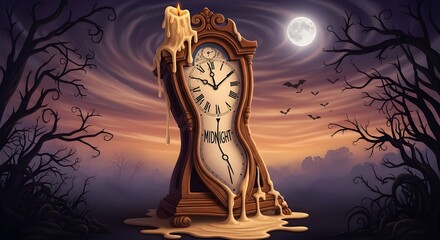 A Surreal Melting Clock Drips Away Time Beneath a Haunting Full Moon in a Mystical Twilight Forest