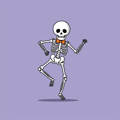 A cute cartoon skeleton character with an orange bow tie is dancing happily on a purple background.