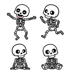 A collection of four cute cartoon human skeletons in various poses, including waving, running, and sitting.