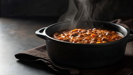 Hearty Beef Chili Stew Simmering In Cast Iron Pot With Steam Rising On Dark Rustic Surface