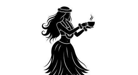 Silhouette of a Traditional Hawaiian Hula Girl Gracefully Holding a Steaming Cup