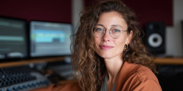 Female audio engineer in studio with curly hair working at mixing console