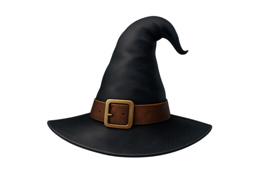Dark witch hat with wide brim, tall pointed crown, and brown belt gold buckle