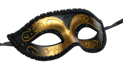 Elegant Venetian-style eye mask in black, gold, and intricate swirls on black background