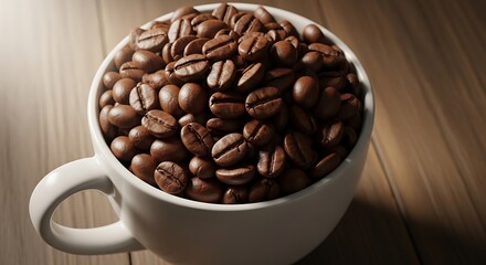Close up of a white coffee mug filled with roasted coffee beans