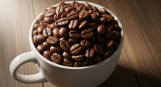 Close up of a white coffee mug filled with roasted coffee beans