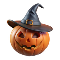 3d jack o lantern with witch hat isolated on transparent background