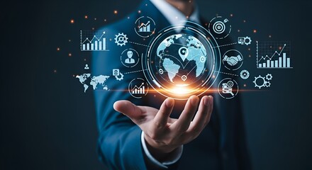 Business Professional Demonstrates Global Data Visualization With Holographic Interface And Charts For Modern Analytics

