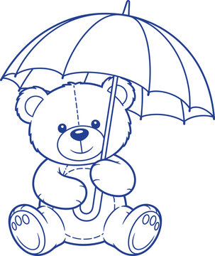 A charming vector illustration of a teddy bear holding an open umbrella. The teddy bear is depicted in a cute, stylized manner, with a friendly expression. The umbrella is open above its head.