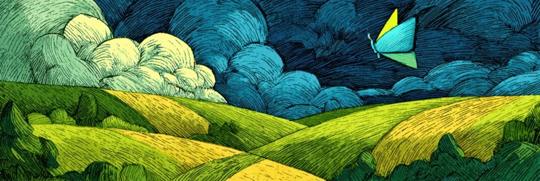 whimsical postcard template, a charming postcard template with an illustrated blue butterfly flying over green hills, creating a hopeful and magical feel