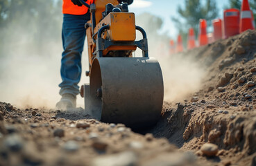 Construction worker operates compactor machine compacting ground at site. Man in orange vest uses roller compactor. Dusty air around construction equipment at construction. Work on foundation.