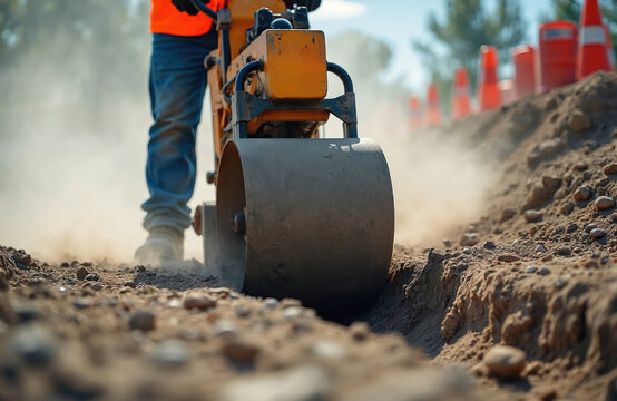 Construction worker operates compactor machine compacting ground at site. Man in orange vest uses roller compactor. Dusty air around construction equipment at construction. Work on foundation. - Powered by Adobe