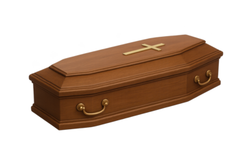 Wooden coffin with brass handles and gold cross on lid