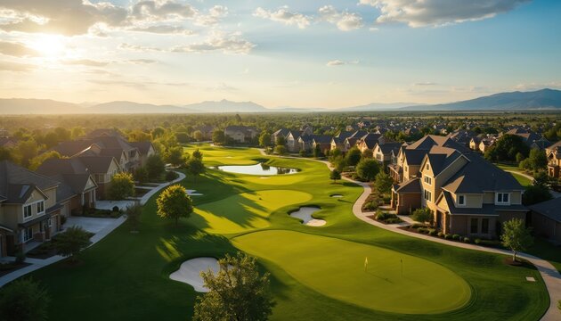 Aerial vista of Longmont golf course community nestled among rolling hills, distant mountains. Rich green fairways extend towards clear blue sky during summer. Residential houses visible within