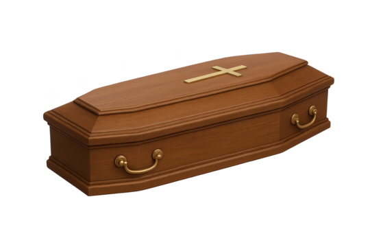 Wooden coffin with brass handles and gold cross on lid