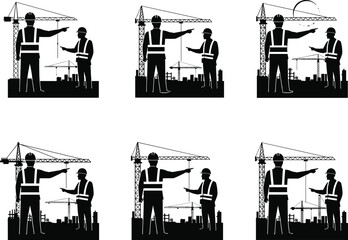 Obraz premium Construction engineers discussing blueprint at building site, workers wearing safety vests and helmets, crane background, teamwork supervision, project planning, 