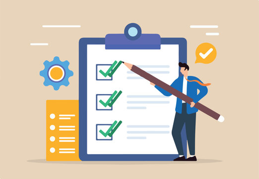 Flat illustration of male supervisor use pencil double check business checklist on clipboard	 - Powered by Adobe