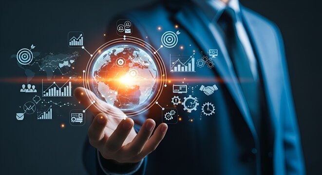 Business Professional Demonstrates Global Data Visualization With Holographic Interface And Charts For Modern Analytics

 - Powered by Adobe