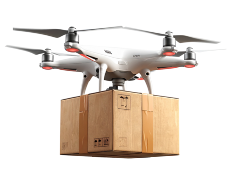 Delivery Drone Carrying Cardboard Box, isolated on transparent background