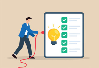 Flat illustration of remote worker plugging cables to light up checklist board with glowing bulb as symbol of productivity and task completion	