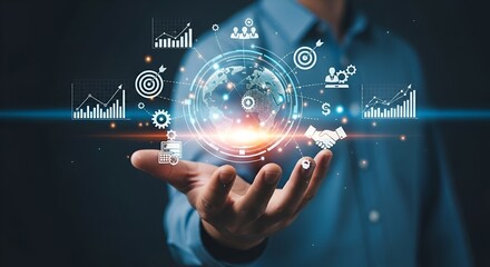 Business Professional Demonstrates Global Data Visualization With Holographic Interface And Charts For Modern Analytics

