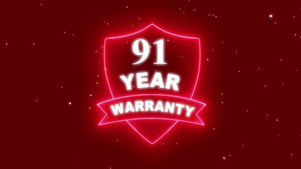 91 year warranty quality assurance with shield emblem stamp badges symbol of product guarantee animated. Neon Warranty shield Animation.  Stamp, Imprint, Seal Template. Business guarantee