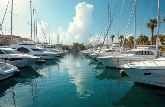 Luxury yachts and sailboats moored in a clear blue water marina. Tropical palm trees line the harbor under a bright, cloudy sky. Vessels await their next sea journey. - Powered by Adobe