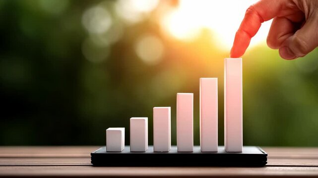 Hand Pushing Up the Final Bar on a Miniature 3D Bar Chart Outdoors with Bright Sunlight