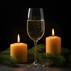 Champagne glass with candles and pine branches on dark background vector illustration for holiday and celebration themes
