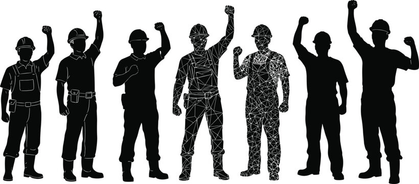 Construction workers raising fists silhouette set, teamwork unity concept, industrial labor protest illustration, strong worker solidarity design, vector power of labor force art