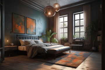 Cozy bedroom interior with large windows, warm natural light, green plants, and modern eclectic decor combining rustic and contemporary design elements.