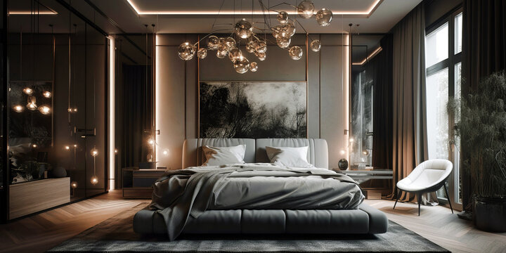 Luxurious modern bedroom interior featuring elegant lighting, large windows, neutral tones, and a stylish minimalist design creating a calm and sophisticated atmosphere.