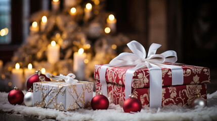 Christmas presents elegantly wrapped in classy wrapping paper in a warm inviting setting with various christmas decor items surrounding them