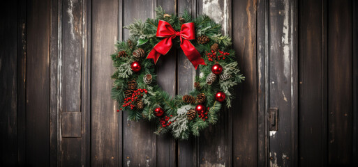 Christmas wreath on an old rustic wooden door with copy space on either side