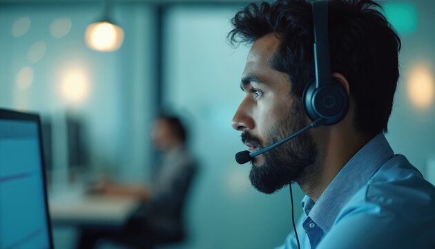 Young man wears headset with microphone, working at computer in modern office. Focused on digital communication, providing online customer support tech assistance. Employee works diligently,