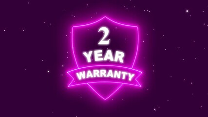 Neon line 2 Years Warranty Shield Emblem. Assurance Business Guarantee Security Protection Concept. 2 years warranty label badge design animation. Support service icon. Business promotional campaigns