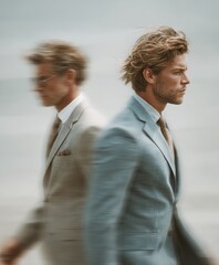 Obraz premium Young men with beautiful hair in stylish suit, captured in dynamic motion, showcasing elegance and confidence, with soft background emphasizing vibrant presence and fashion statement